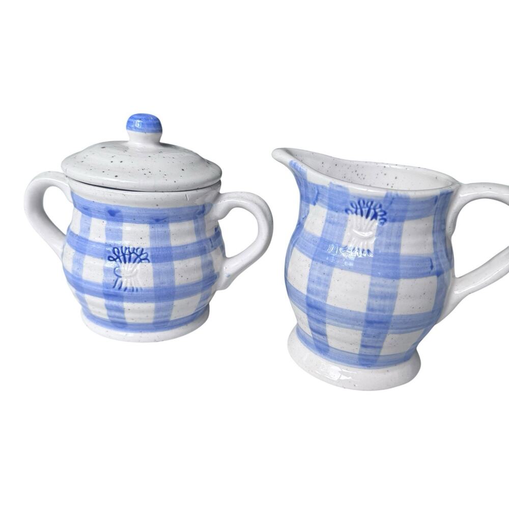 Vintage Blue/White Cream & Sugar Set Country Quaint Cottage Core Blue Checkered